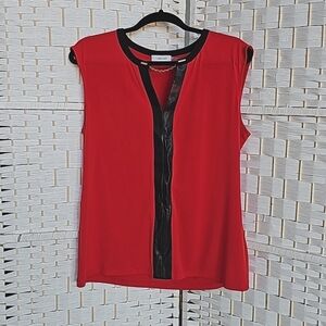 Calvin Klein Red Shell with Black Faux Leather Trim and Gold Chain - L
